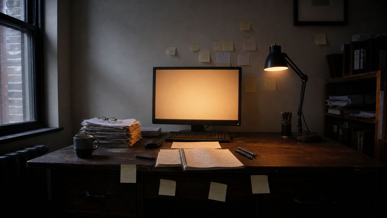 The same desk at 7 a.m. with the monitor lit, the paperwork squared into one stack and a single sheet left in the centre.