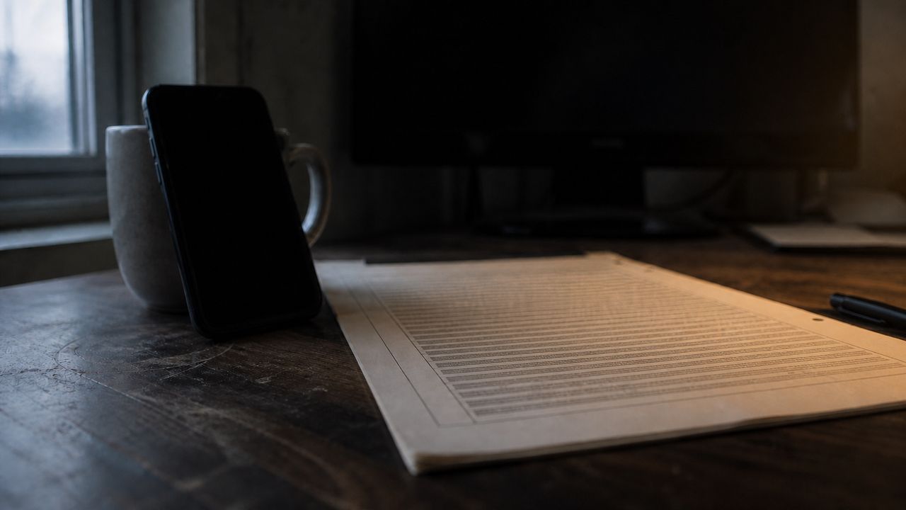 The same desk with the phone screen dark and the form beside it filled in and finished.
