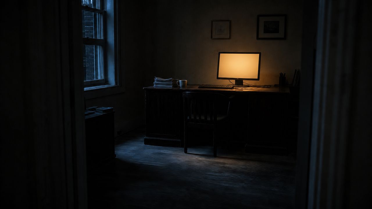 The same dark office after hours, empty, with the monitor still lit and working.